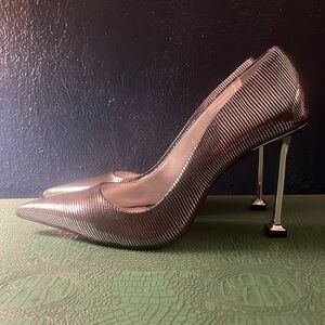 SCHUTZ black & silver Tejus lizard print, pointed-toe pumps w/ silver nail heel